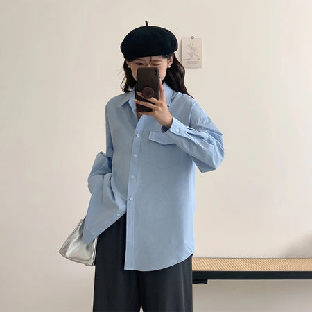 Simple Blue Casual Loose Shirts Chic Single Breasted Polo Neck Solid Color Fashion Female Streetwear French Style Shirt
