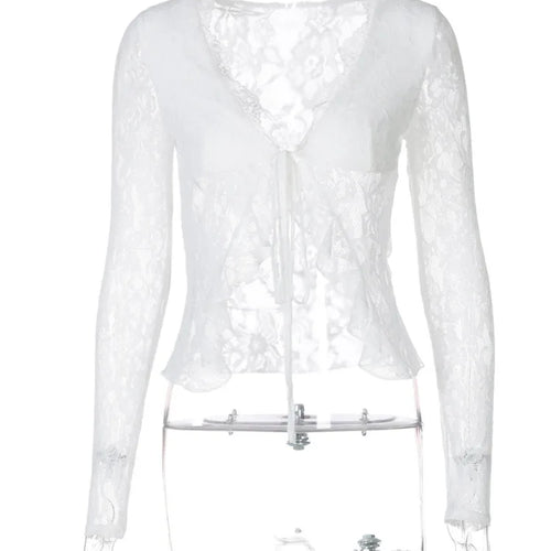 Load image into Gallery viewer, Sexy Lace V-neck See Through Lace-up Long Sleeve Cardigan Crop Top For Women Fashion Hollow Out Slim Club Party Tops
