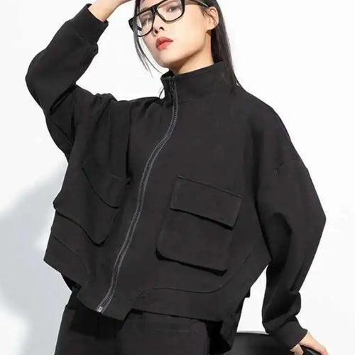 Load image into Gallery viewer, Black Pocket Big Size Casual Jacket New Stand Collar Long Sleeve Women Coat Fashion Tide Spring Autumn 2025 1DH5067
