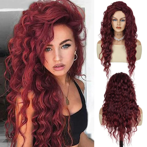 Load image into Gallery viewer, Synthetic Wigs for Women Red Long Curly Wig with Thick Top Free Part Hairline Water Wave Wigs Curls Units Halloween Wig
