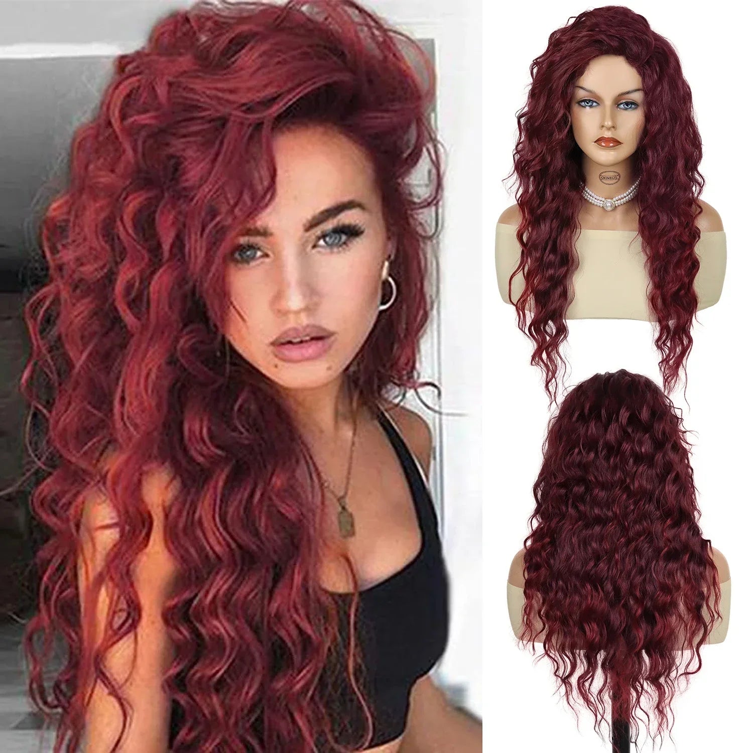 Synthetic Wigs for Women Red Long Curly Wig with Thick Top Free Part Hairline Water Wave Wigs Curls Units Halloween Wig