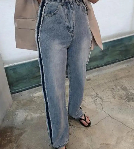 Straight Jeans Women All-match Korean Style Denim Mopping Trousers Vintage Blue Patchwork High Waist Autumn Street Casual Trend