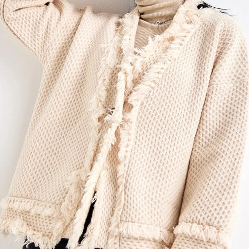 Load image into Gallery viewer, Solid Spliced Tassel Sweaters For Women V Neck Long Sleeve Loose Temperament Chic Sweater Female Fashion Clothing
