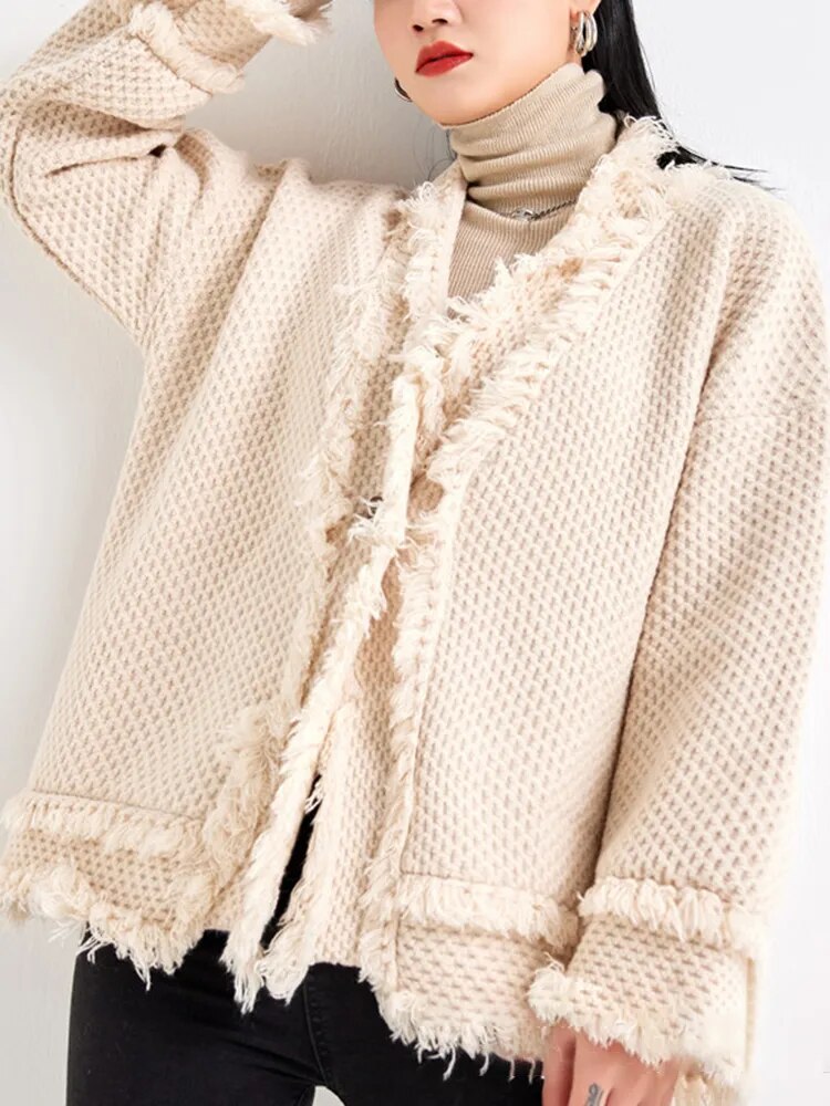 Solid Spliced Tassel Sweaters For Women V Neck Long Sleeve Loose Temperament Chic Sweater Female Fashion Clothing