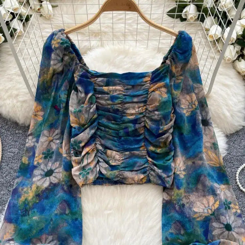 Load image into Gallery viewer, French Woman Plaid Long Sleeve Shirt Autumn Square Collar Slim Ladies Print Blouse Fashion Vintage Backless Short Pleated Tops
