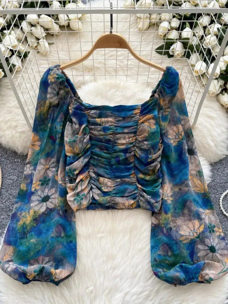 French Woman Plaid Long Sleeve Shirt Autumn Square Collar Slim Ladies Print Blouse Fashion Vintage Backless Short Pleated Tops