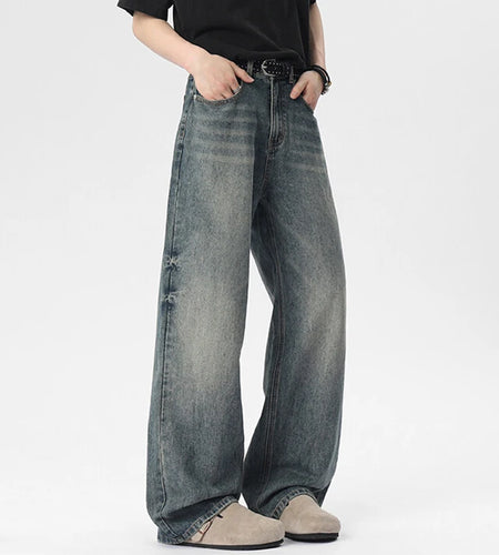 Men's Jeans New American High Street Style Washed Cat Whisker Design Solid Color Straight Leg Male Denim Pants 9W1658