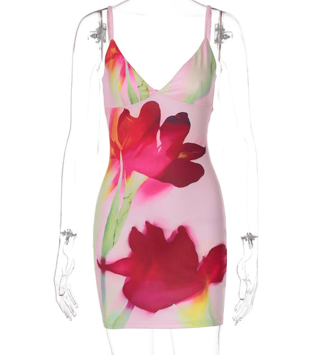 Flower Print V Neck Slips Backless Sexy Bodycon Mini Dress Summer Elegant Women Y2K Clothes Party Beach Vacation