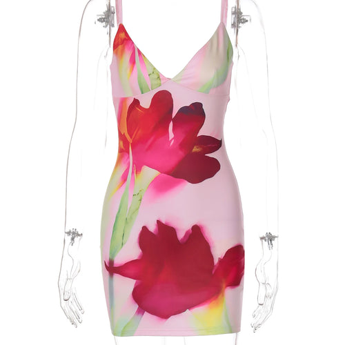 Load image into Gallery viewer, Flower Print V Neck Slips Backless Sexy Bodycon Mini Dress Summer Elegant Women Y2K Clothes Party Beach Vacation
