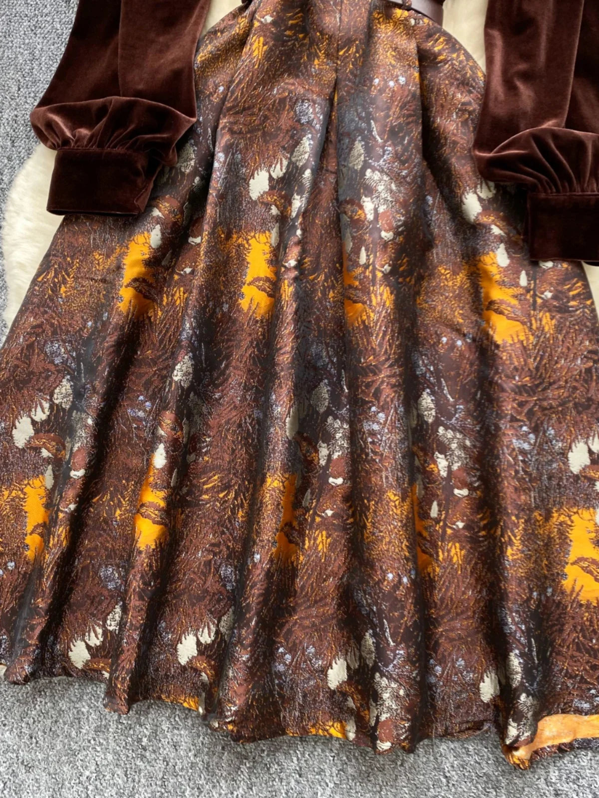 Vintage Brown Patchwork Print Elegant Lantern Sleeve Long Dress Bohemian Autumn Winter French Slim Fashion Women A-line Dresses