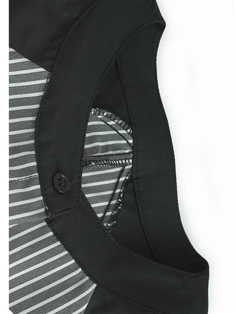 Women Black Striped Lace Hem Big Size Blouse New Stand Collar Half Sleeve Shirt Fashion Tide Spring Summer 2025 1DJ1109