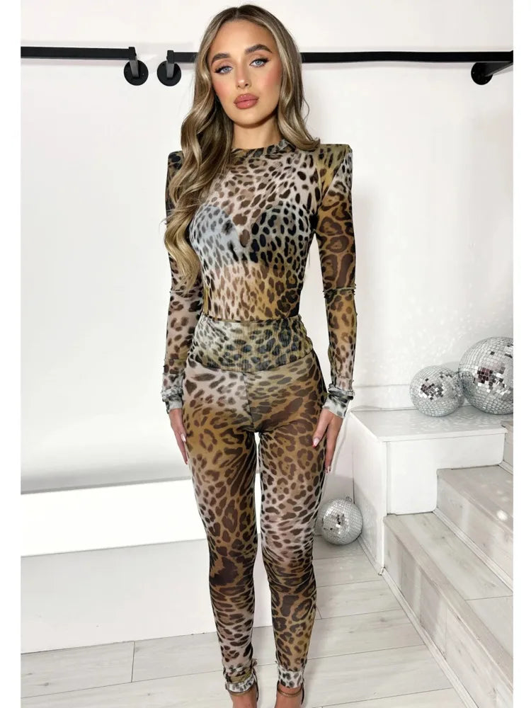 Sexy Elastic Tight Long Sleeved Leopard Print Long Pants Two-piece Set Women Slim Party Nightclub 2025 Spring New Set