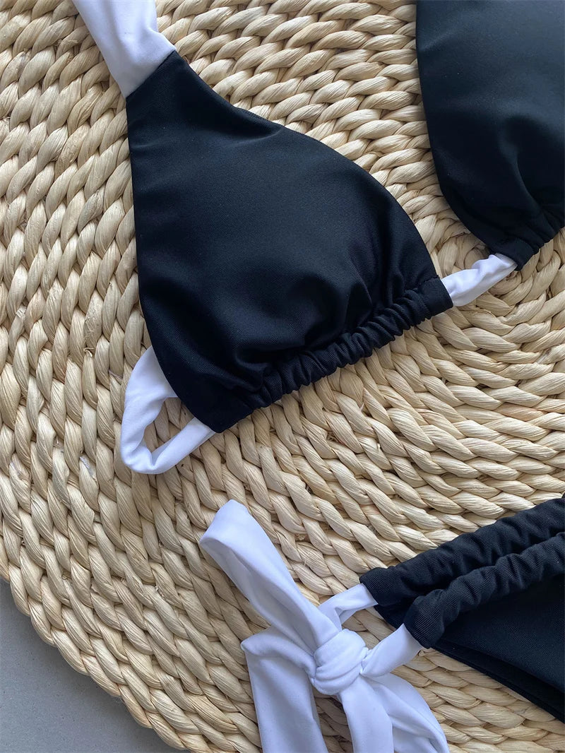 Sexy Halter Black White Patchwork Bikini Set Thong Women Swimwear Female Swimsuit Bandage Brazilian Bathing Suit