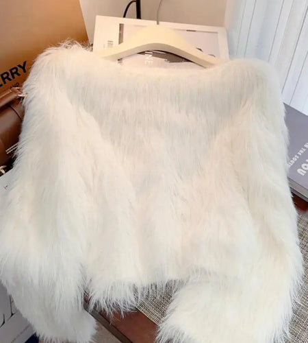 Autumn Winter Solid Knitting Mink Crop Top Women Long Sleeve Round Neck Pullover Casual Crochet Sweater French Fashion Thick New