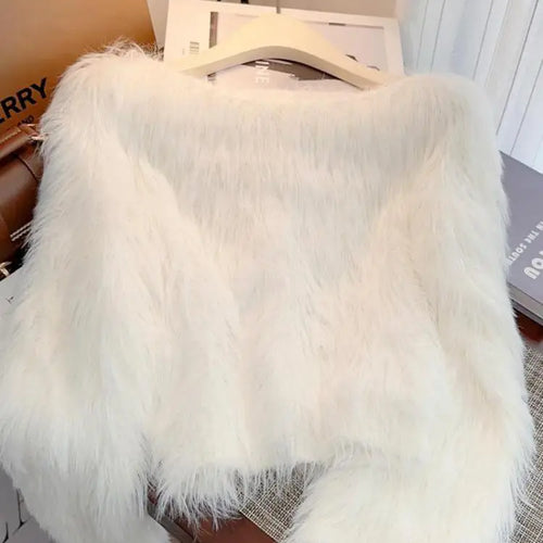 Load image into Gallery viewer, Autumn Winter Solid Knitting Mink Crop Top Women Long Sleeve Round Neck Pullover Casual Crochet Sweater French Fashion Thick New
