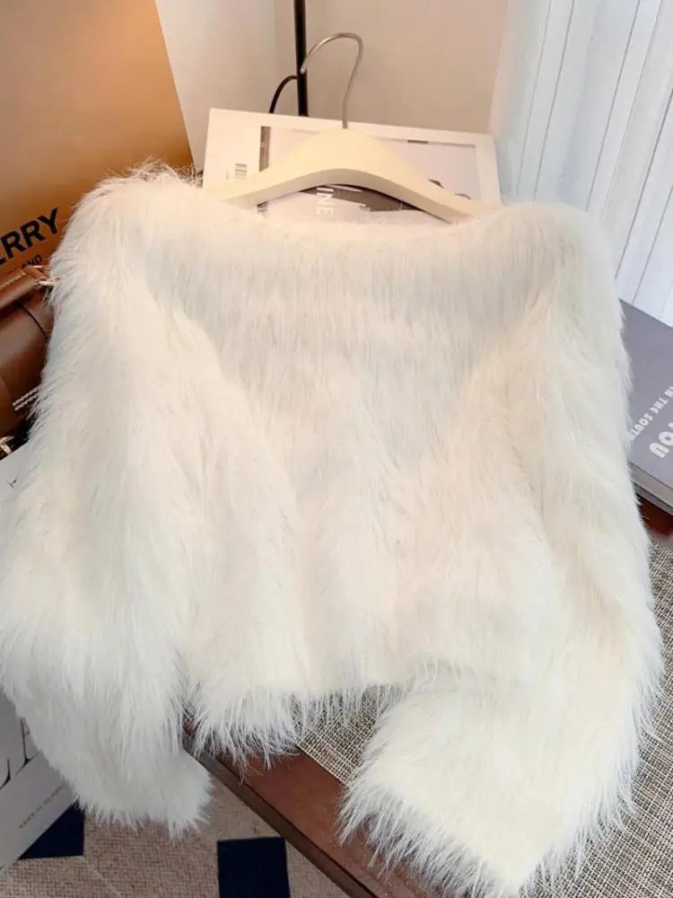 Autumn Winter Solid Knitting Mink Crop Top Women Long Sleeve Round Neck Pullover Casual Crochet Sweater French Fashion Thick New