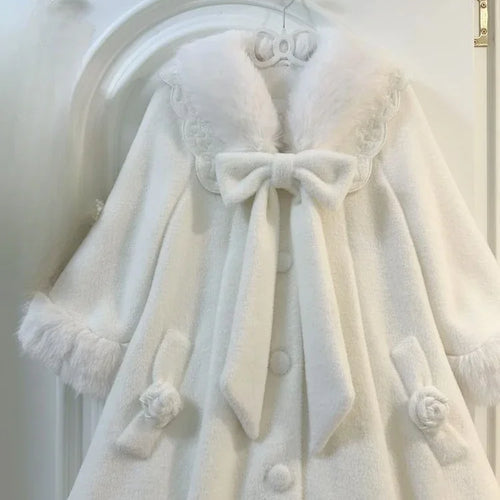 Load image into Gallery viewer, Japanese Lolita Sweet Girl Blends Jackets Women Y2k Aesthetic Fur Patchwork Vintage Coats Harajuku Kawaii Pocket Bow Jacket Cute
