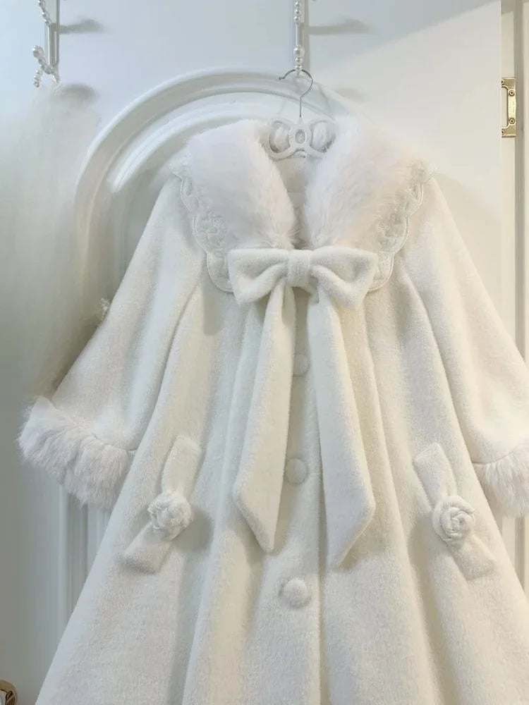 Japanese Lolita Sweet Girl Blends Jackets Women Y2k Aesthetic Fur Patchwork Vintage Coats Harajuku Kawaii Pocket Bow Jacket Cute