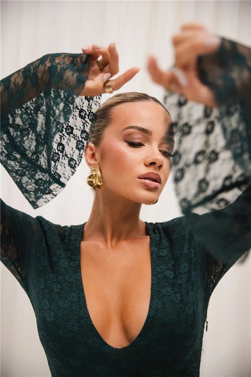 Elegant Lace Long Sleeve Sexy Maxi Dress For Women Fashion Deep V Neck Bodycon Party Club Sexy Long Dress Fashion