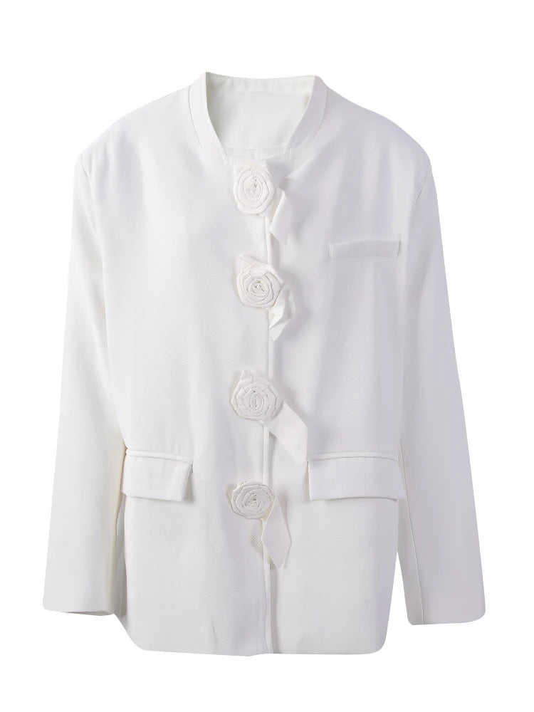 Women Three-dimensional Flower Big Size Blazer New Stand Collar Long Sleeve Jacket Fashion Tide Spring Autumn 2025 1DJ0287