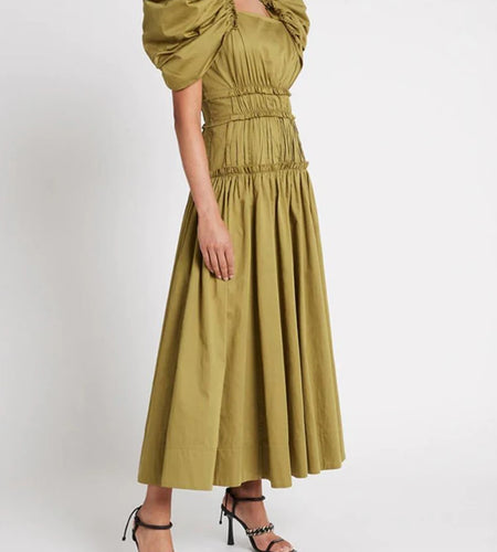 Elegant Solid Dress For Women Square Collar Short Puff Sleeve Gathered Waist Long Dresses Female 2022 Summer Clothing Style