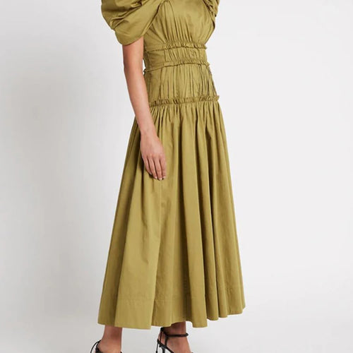 Load image into Gallery viewer, Elegant Solid Dress For Women Square Collar Short Puff Sleeve Gathered Waist Long Dresses Female 2022 Summer Clothing Style
