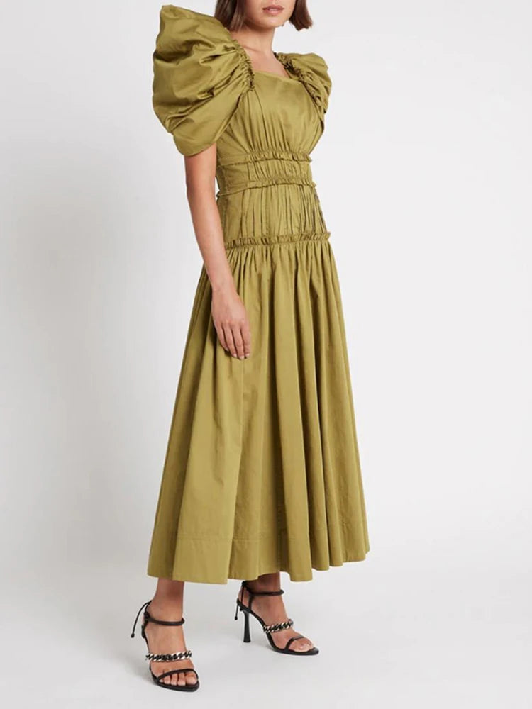 Elegant Solid Dress For Women Square Collar Short Puff Sleeve Gathered Waist Long Dresses Female 2022 Summer Clothing Style