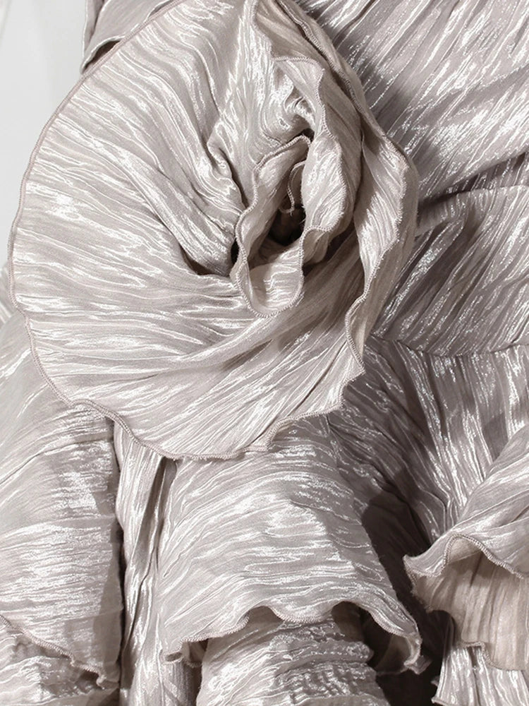 Women Silver Gray Textured Pleated Ruffles Vest Dress New Round Neck Sleeveless Fashion Tide Spring Summer 2025 7AB9278