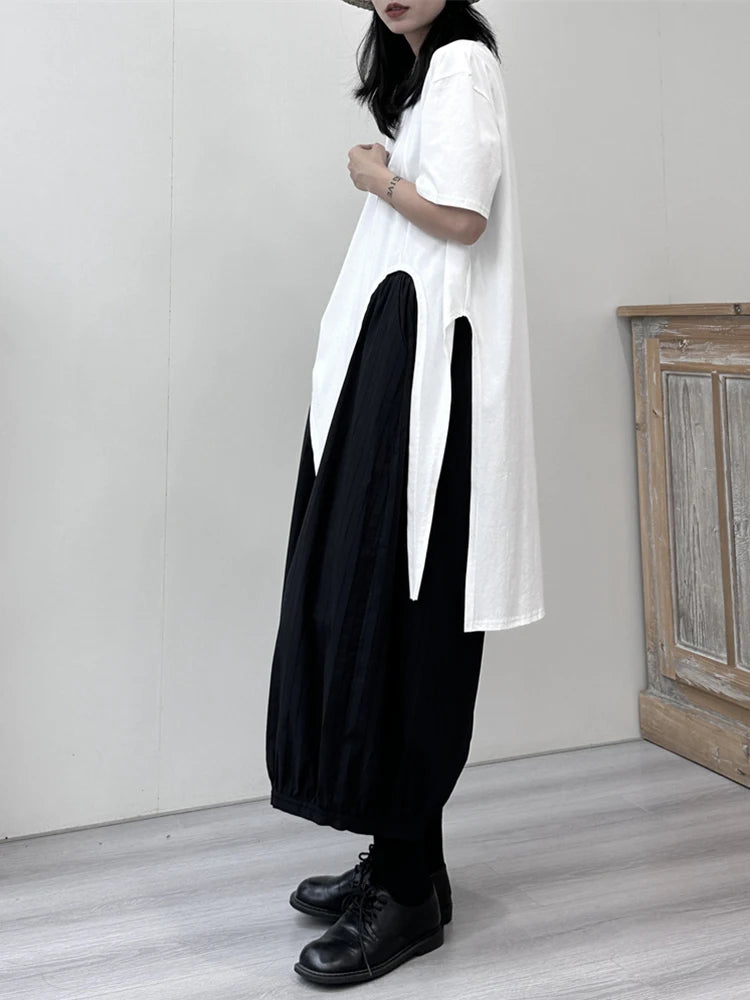 Women White Irregular Hem Big Size Casual T-shirt New Round Neck Short Sleeve Fashion Tide Spring Summer 2025 1DJ1676