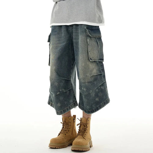 Load image into Gallery viewer, Men&#39;s Short Jeans American Summer Workwear Cowboy Shorts Wrinkle Design Cropped Trousers Loose Pants Streetwear 9W1475
