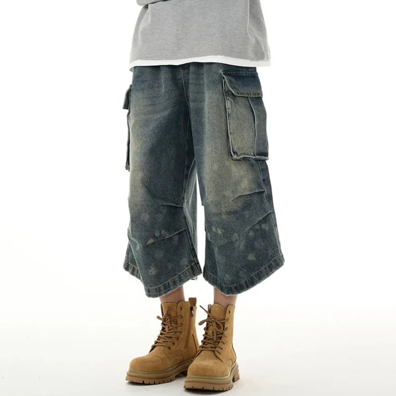 Men's Short Jeans American Summer Workwear Cowboy Shorts Wrinkle Design Cropped Trousers Loose Pants Streetwear 9W1475