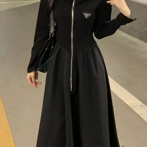 Load image into Gallery viewer, Korean Zip Black Long Sleeve Dress Women Kpop Autumn Spring Fashion Sailor Collar Zipper Dresses Female
