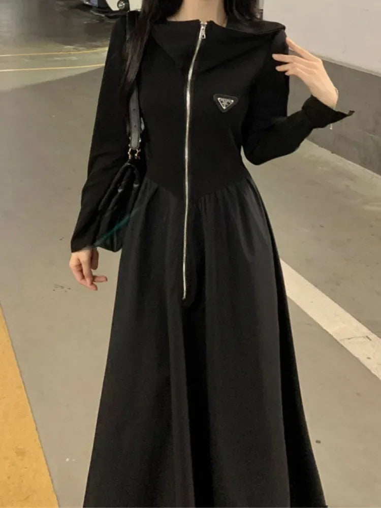 Korean Zip Black Long Sleeve Dress Women Kpop Autumn Spring Fashion Sailor Collar Zipper Dresses Female