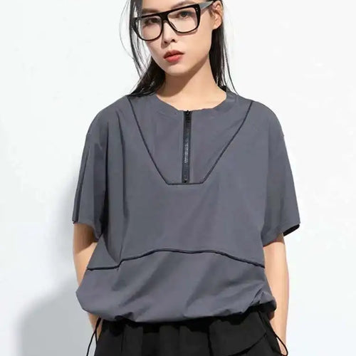 Load image into Gallery viewer, Women Black Zipper Spliced Drawstring Big Size T-shirt New Round Neck Short Sleeve Fashion Tide Spring Summer 2025 1DH5068
