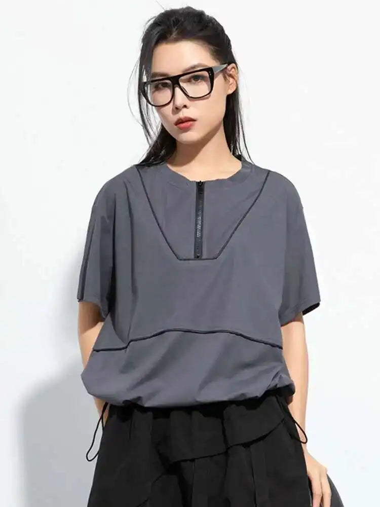 Women Black Zipper Spliced Drawstring Big Size T-shirt New Round Neck Short Sleeve Fashion Tide Spring Summer 2025 1DH5068