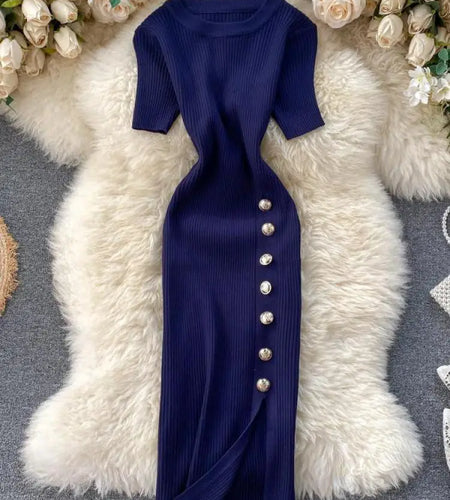 Summer Korean Solid Round Neck Slim Single Breasted Short Sleeve Long Dress Women Festival Wrap Hip Split Knitted Dress Popular
