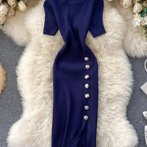 Load image into Gallery viewer, Summer Korean Solid Round Neck Slim Single Breasted Short Sleeve Long Dress Women Festival Wrap Hip Split Knitted Dress Popular
