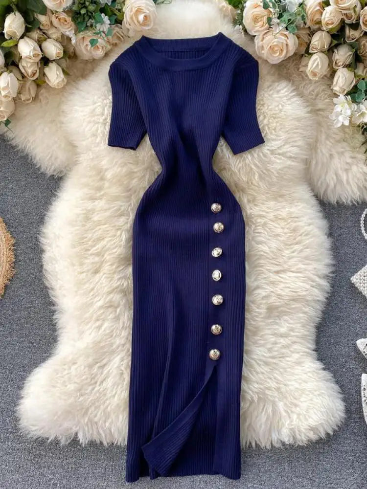 Summer Korean Solid Round Neck Slim Single Breasted Short Sleeve Long Dress Women Festival Wrap Hip Split Knitted Dress Popular