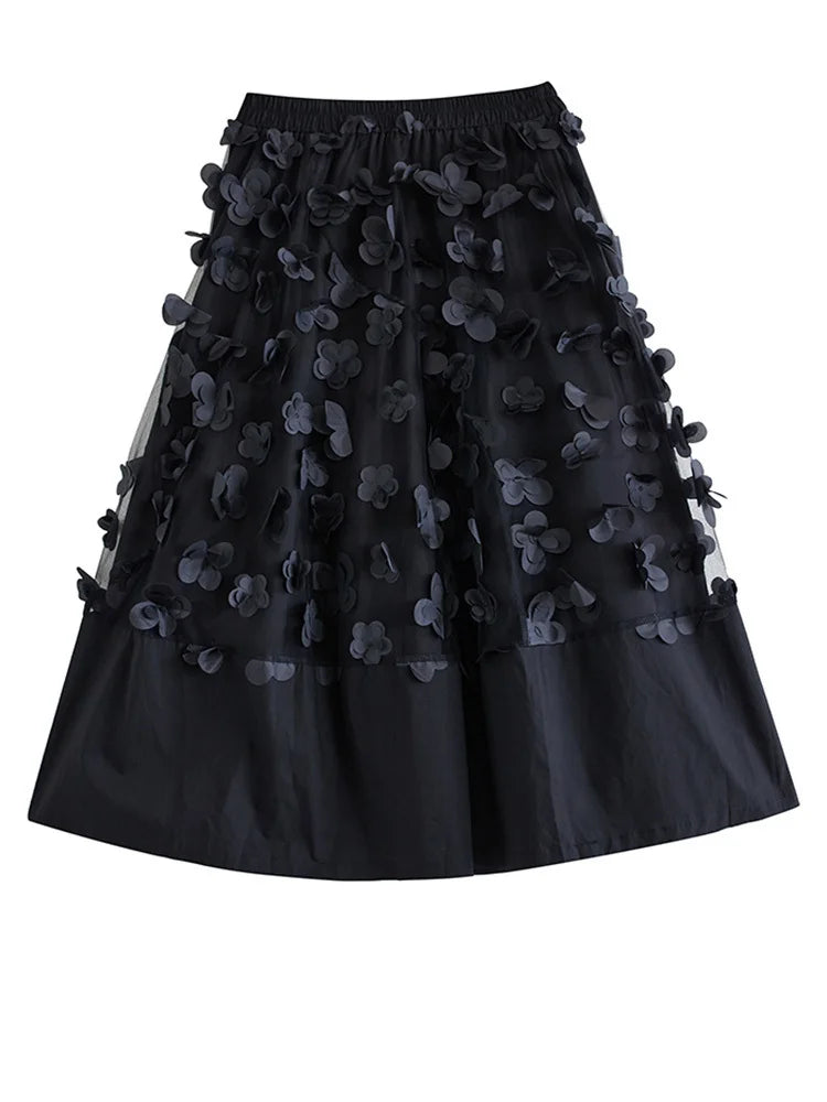 High Elastic Waist Black Flower Mesh Spliced A-line Half-body Skirt Women Fashion Tide New Spring Autumn 2025 1DJ0315