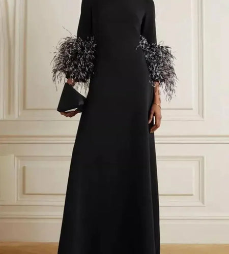 Spring Fall Long Dress Women‘s Boat Neck Feather Solid Color Half Sleeves Loose Pleated Evening Party Dresses