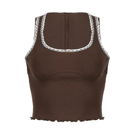Load image into Gallery viewer, Vintage Brown Frill Lace Trim Y2K Tank Top Female Skinny Cutecore 90s Aesthetic Summer Vest Tees Sleeveless Clothing
