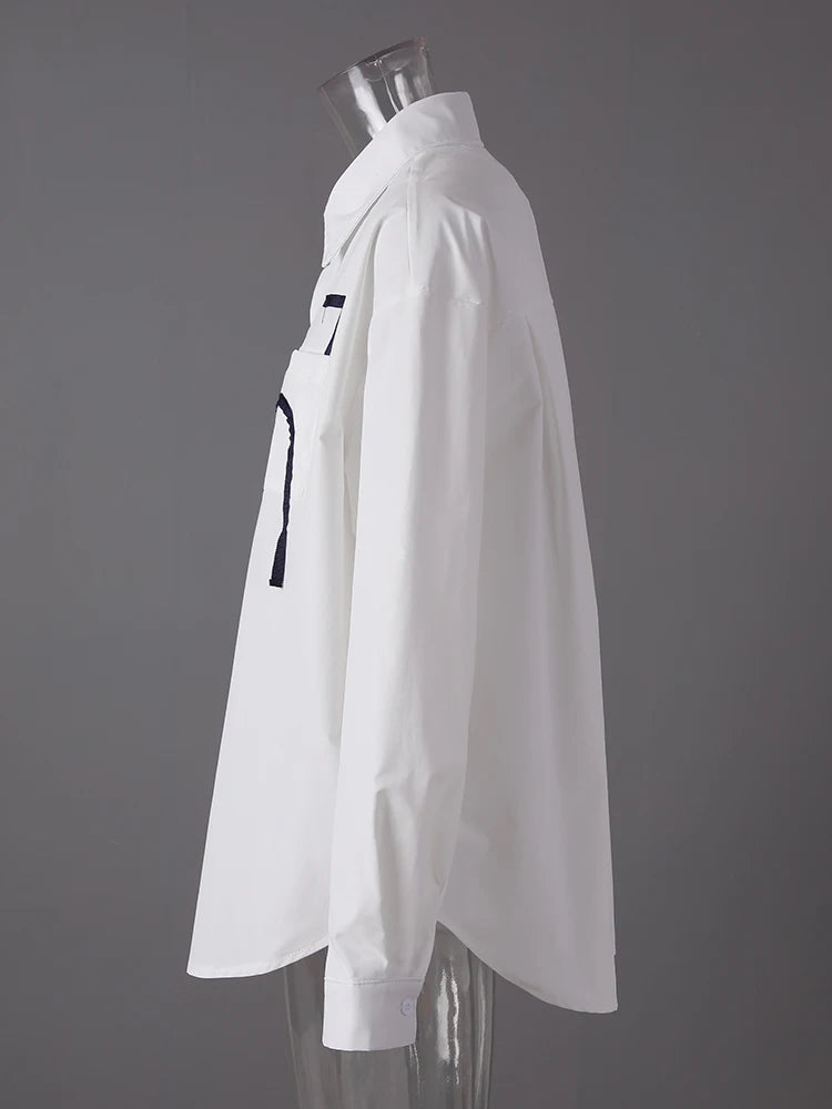 Women White Pattern Printed Big Size Elegant Blouse New Lapel Long Sleeve Shirt Fashion Tide Spring Autumn 2025 CPG3114