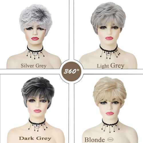 Load image into Gallery viewer, Synthetic Short Wig Ombre Silver Grey Wigs for Women Natural Hair with Bangs Old Lady Wig Hairstyle Mommy Wig Cap Gift
