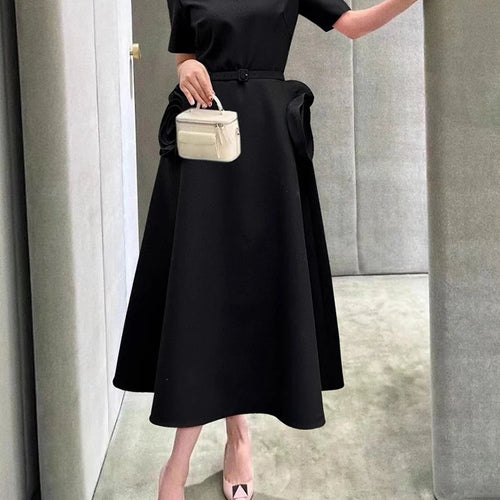 Load image into Gallery viewer, Elegant Solid Patchwork Appliques Dresses For Women V Neck Short Sleeve High Waist Spliced Belt Temperament Dress Female New
