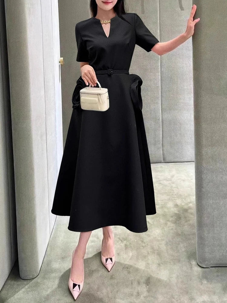 Elegant Solid Patchwork Appliques Dresses For Women V Neck Short Sleeve High Waist Spliced Belt Temperament Dress Female New