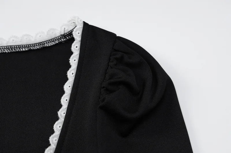 Lace Bandage Puff Sleeve Mini Dress For Women 2023 Autumn Winter New Square Collar Ruched Dress Vintage Elegant