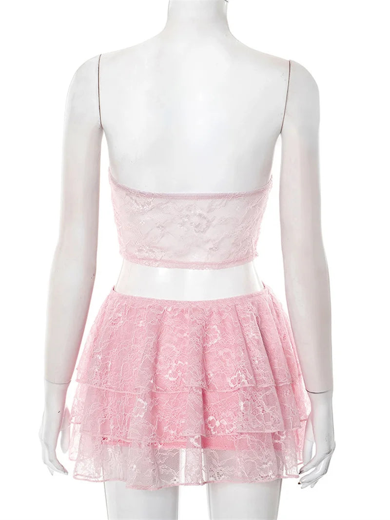 Lace Hollow Out Sexy Mini Dress Women Summer New Off-shoulder Strapless Sleeveless Backless A-line Club Party Dress