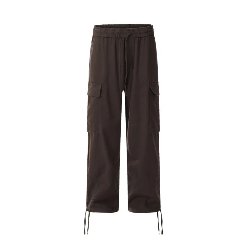 Solid Color Multi Pocket Men's Pants Casual Straight Drawstring Trendy Elastic Waist Wide Leg Simple Male Trousers 9W101