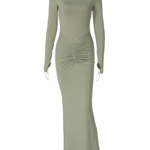 Load image into Gallery viewer, Long Sleeve Ruched Sexy Maxi Dress For Women Fashion Light Green O Neck Bodycon Elegant Club Party Long Dress Vestidos
