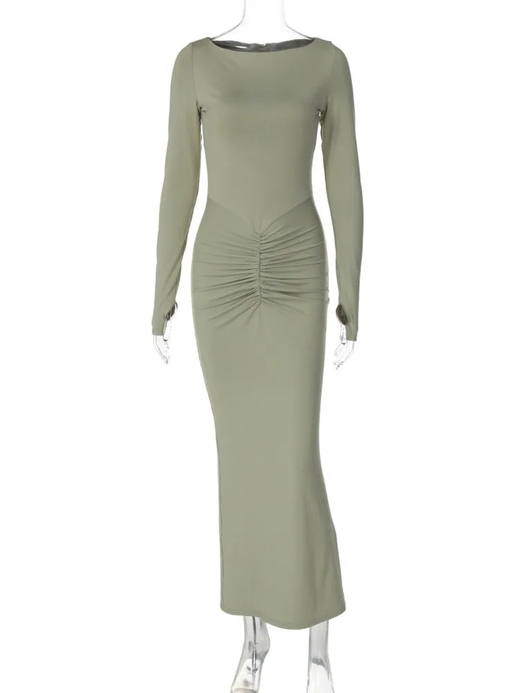 Long Sleeve Ruched Sexy Maxi Dress For Women Fashion Light Green O Neck Bodycon Elegant Club Party Long Dress Vestidos